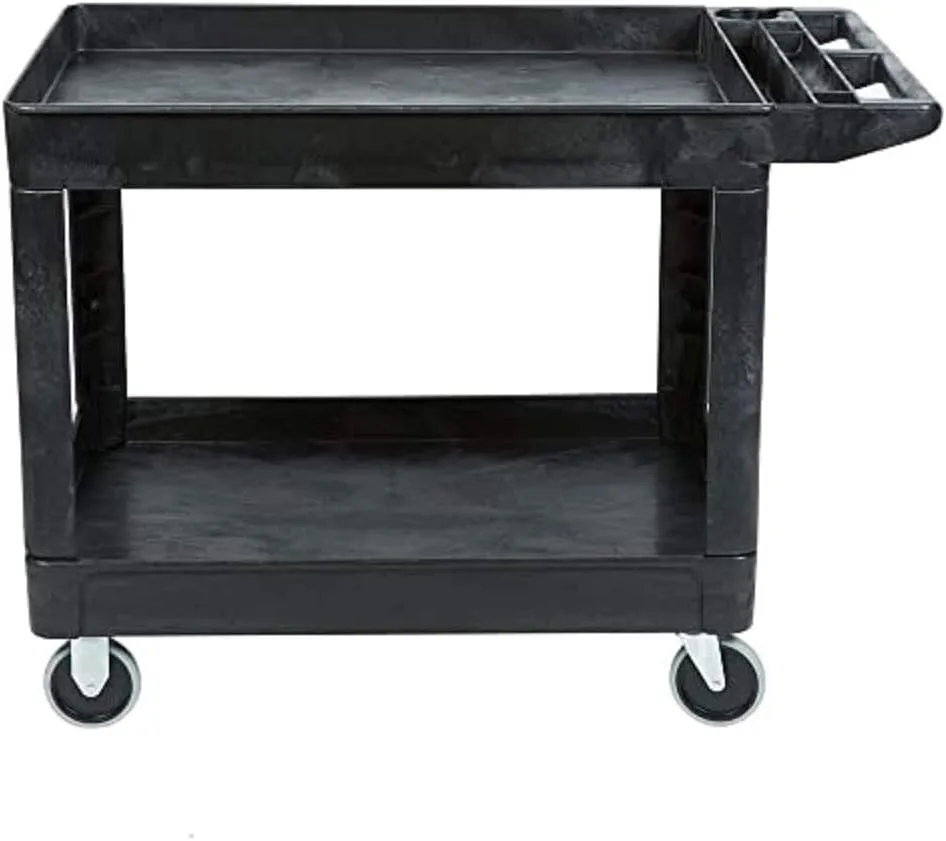 Rubbermaid Commercial Products 2-Shelf Utility/Service Cart, Medium, Black, Lipped Shelves, Ergonomic Handle