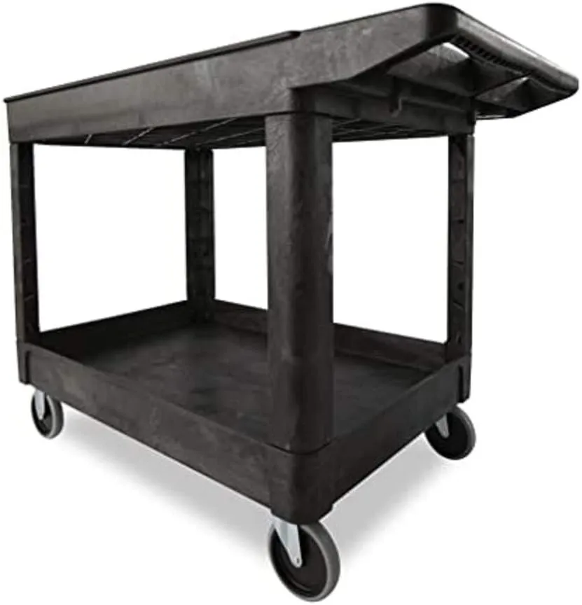 Rubbermaid Commercial Products 2-Shelf Utility/Service Cart, Medium, Black, Lipped Shelves, Ergonomic Handle
