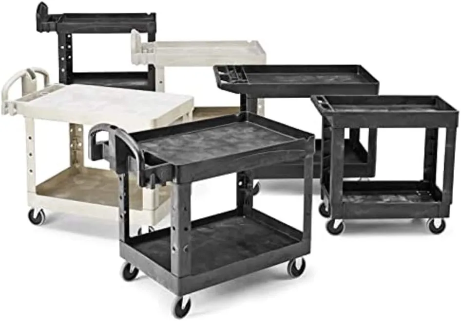Rubbermaid Commercial Products 2-Shelf Utility/Service Cart, Medium, Black, Lipped Shelves, Ergonomic Handle