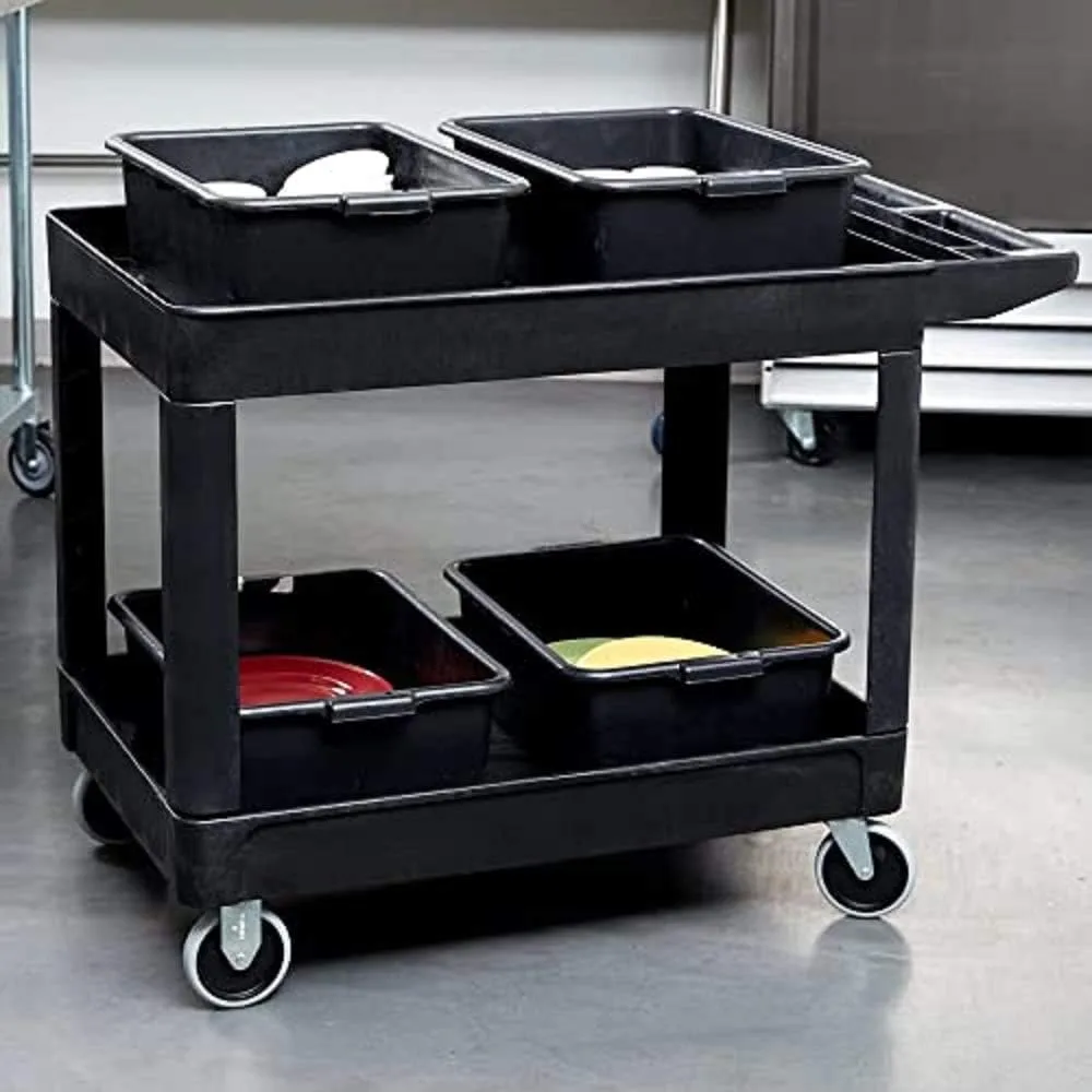 Rubbermaid Commercial Products 2-Shelf Utility/Service Cart, Medium, Black, Lipped Shelves, Ergonomic Handle