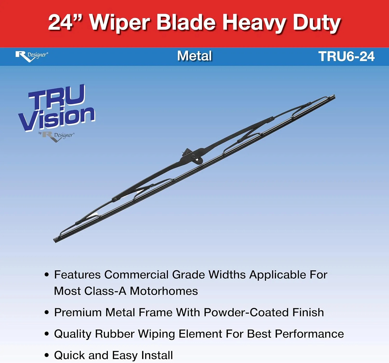 RV Designer TRU6-24 TruVision Heavy Duty 24-Inch RV Wiper Blade - Metal Frame with M4 Adaptor