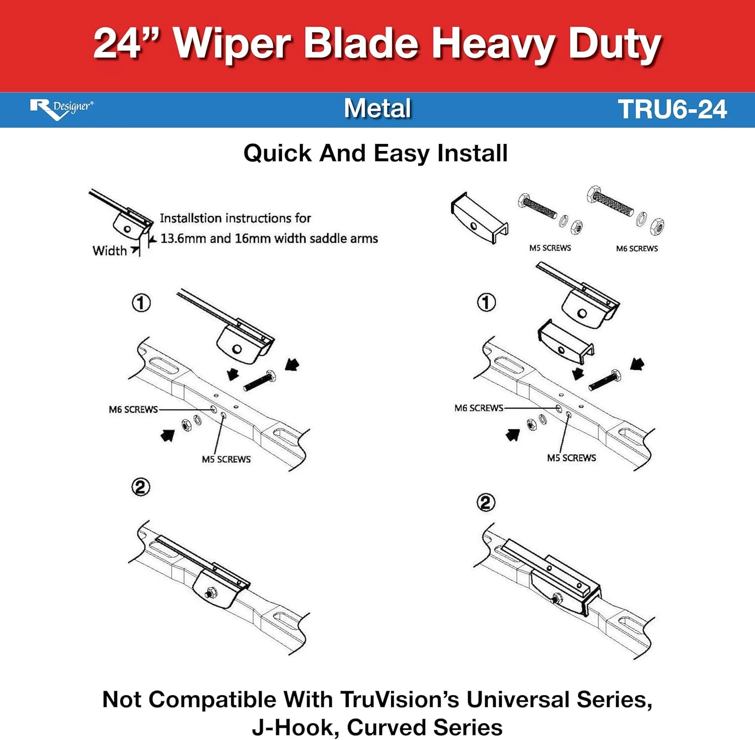 RV Designer TRU6-24 TruVision Heavy Duty 24-Inch RV Wiper Blade - Metal Frame with M4 Adaptor