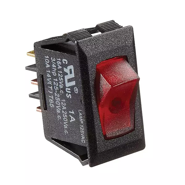 RV Designer S245, Rocker Switch, 125 VAC, Illuminated, On/Off, SPST, Black w/Red, DC Electrical