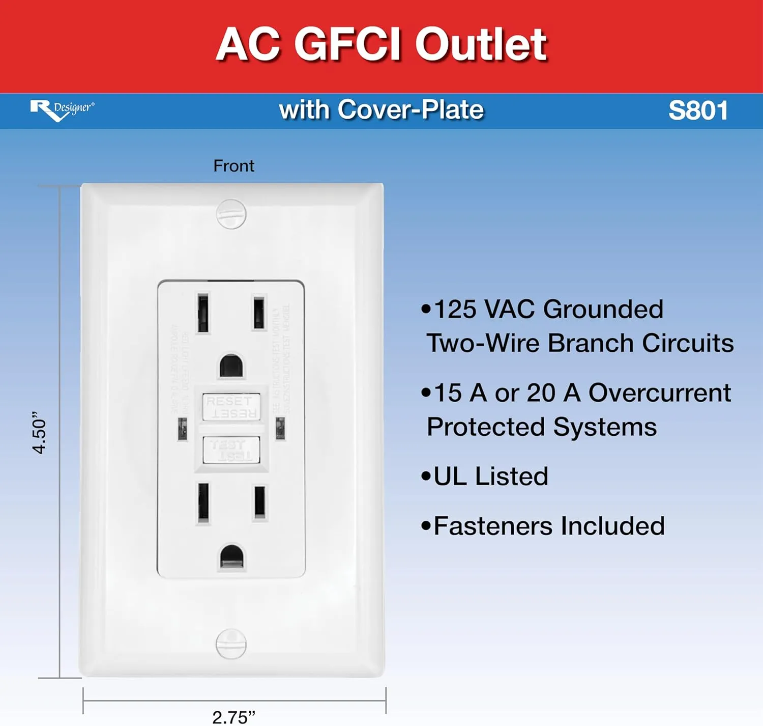 RV Designer S801, Dual GFCI Outlet with Cover Plate, White, AC Electrical