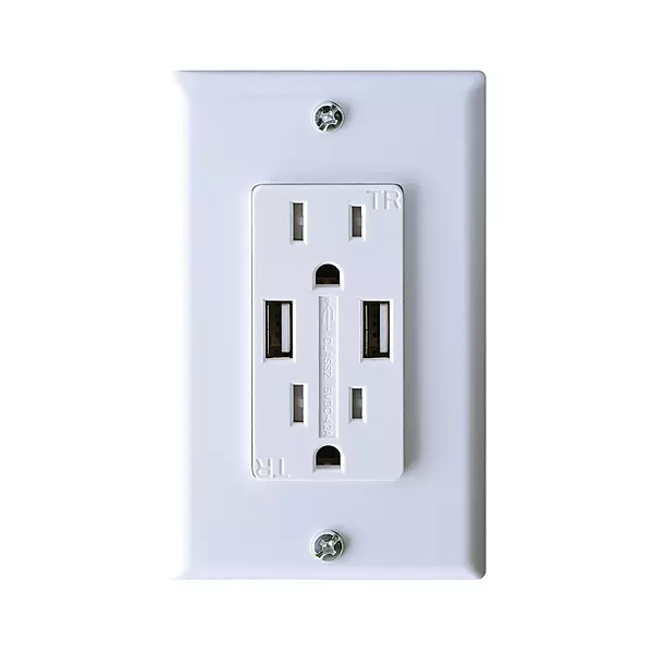 RV Designer S850 AC Dual Outlet with Cover & 2 USB Charge Ports - White