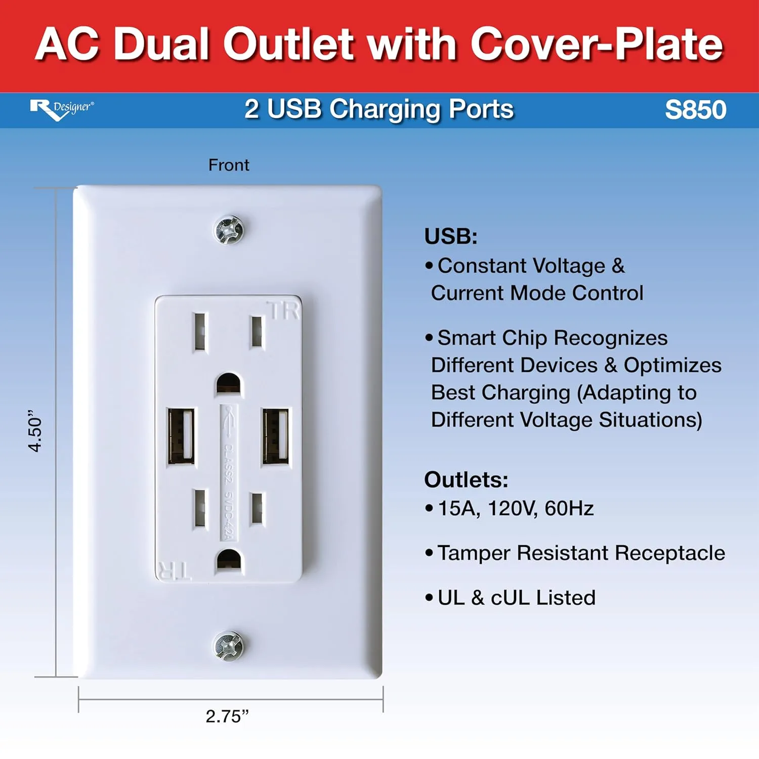 RV Designer S850 AC Dual Outlet with Cover & 2 USB Charge Ports - White