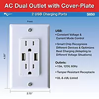 RV Designer S850 AC Dual Outlet with Cover & 2 USB Charge Ports - White