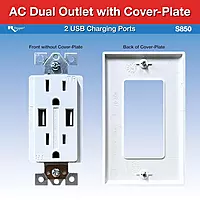 RV Designer S850 AC Dual Outlet with Cover & 2 USB Charge Ports - White