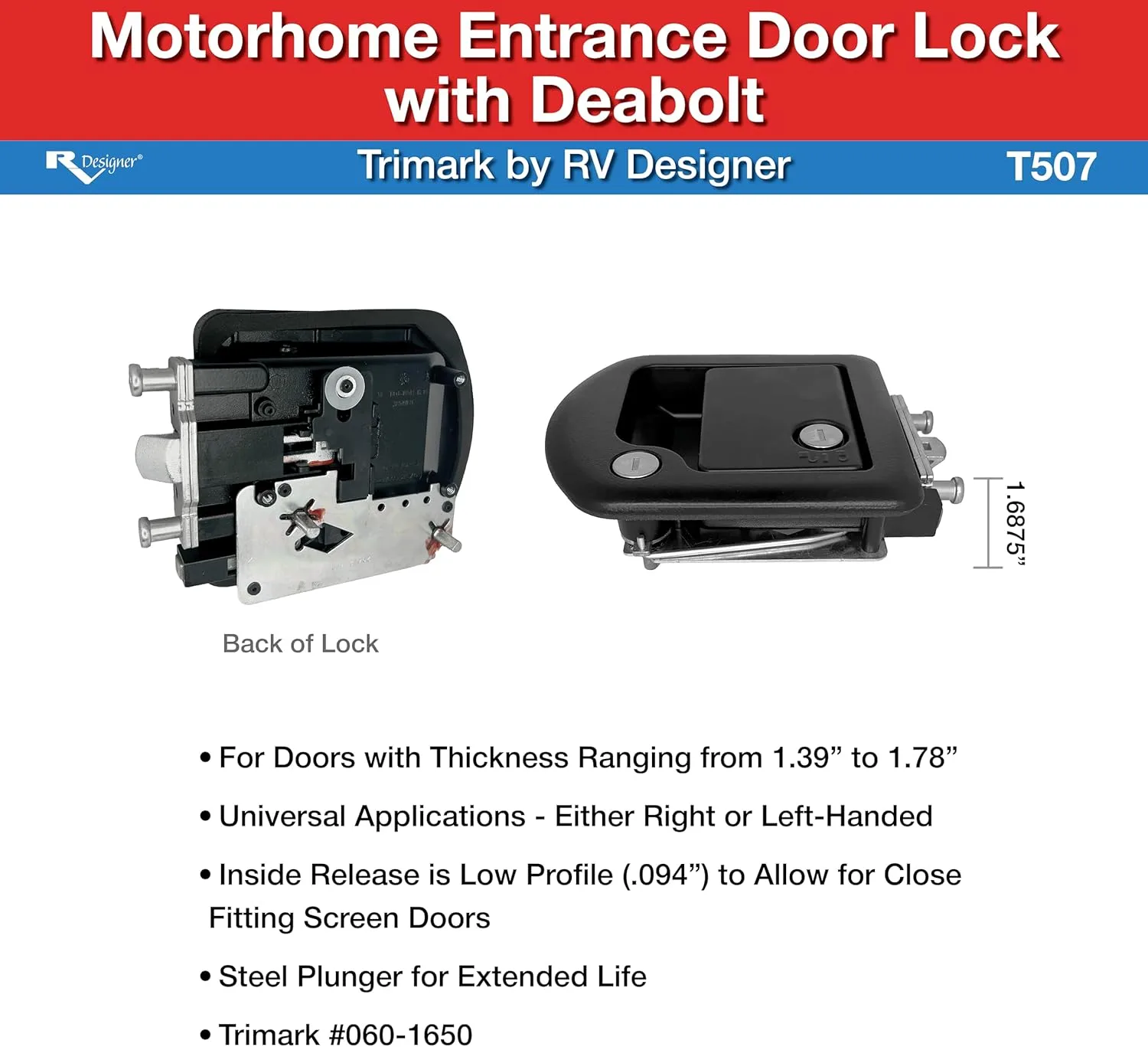 RV Designer T507 TriMark Motorhome Entrance Door Lock with Deadbolt - Fit for 1.38-1.58” RV Motorhome Doors - Right/Left-Hand Use - FMVSS 206 Compliant