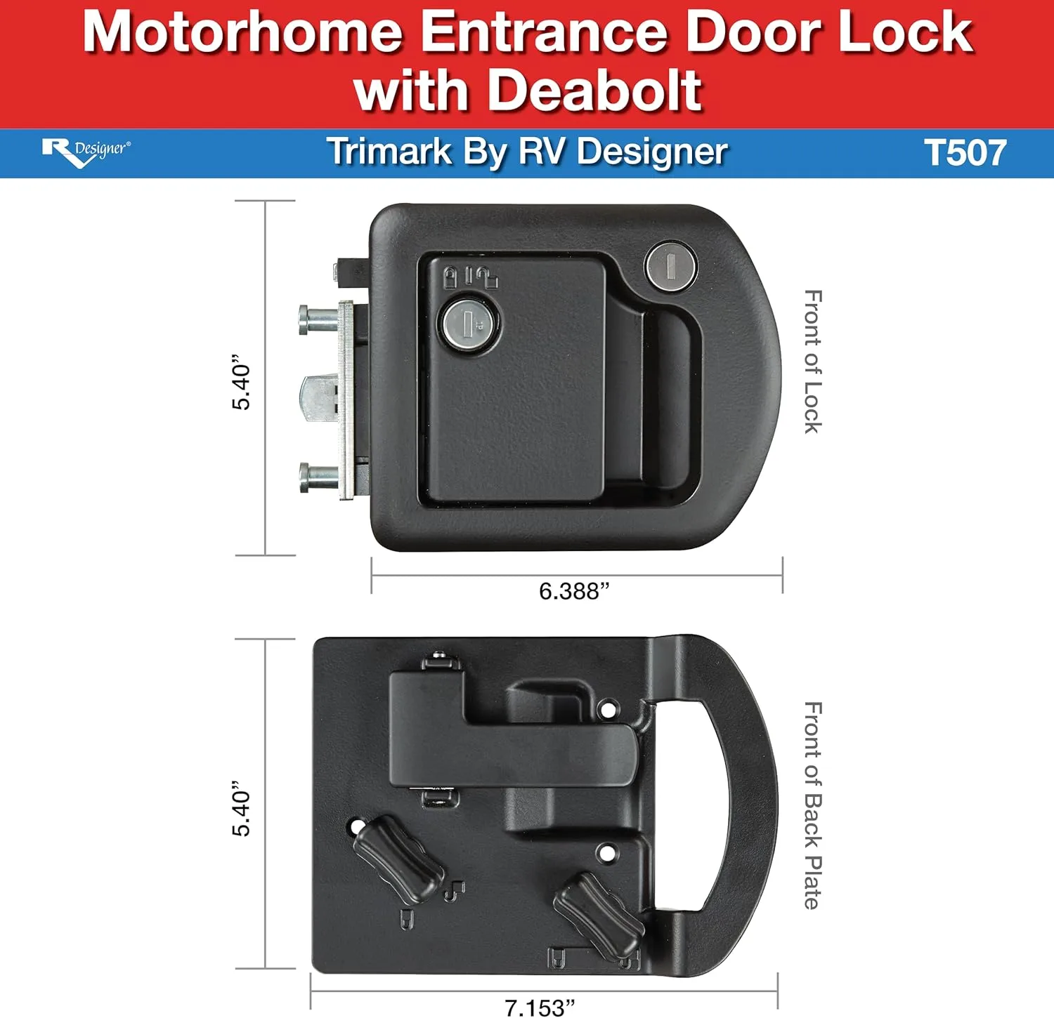 RV Designer T507 TriMark Motorhome Entrance Door Lock with Deadbolt - Fit for 1.38-1.58” RV Motorhome Doors - Right/Left-Hand Use - FMVSS 206 Compliant