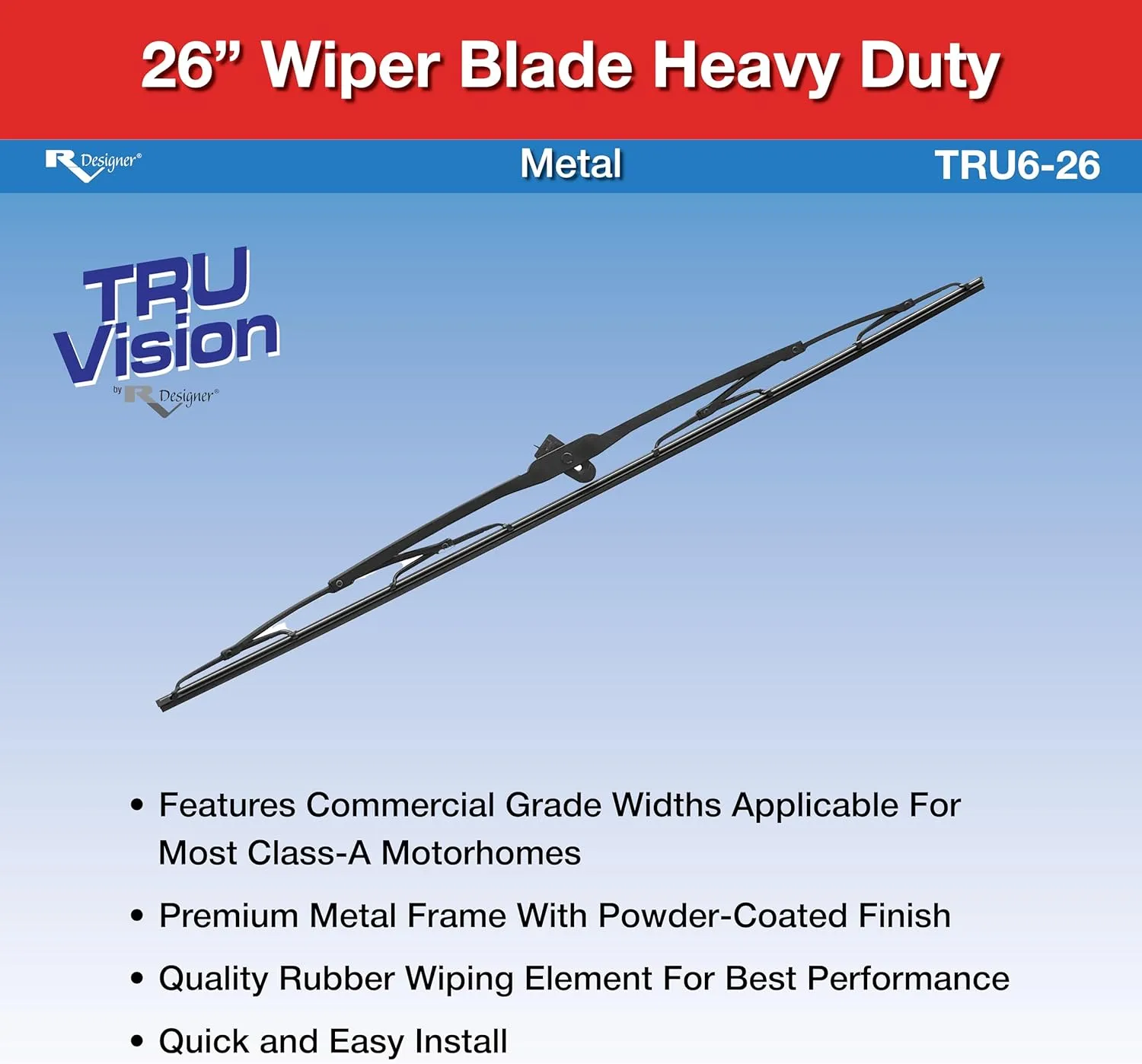 RV Designer TRU6-26, TruVision Heavy Duty 26" RV Wiper Blade – Metal Frame with M4 Adaptor – High-Performance Rubber Element, Easy Installation