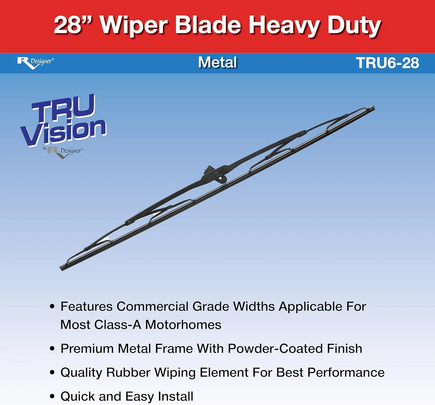 RV Designer TRU6-28, TruVision Heavy Duty 28" RV Wiper Blade – Metal Frame with M4 Adaptor – High-Performance Rubber Element, Easy Installation