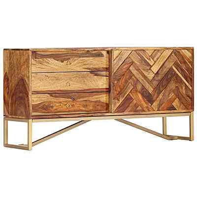 Mid-Century Modern Sheesham Wood Sideboard with Herringbone & Gold Base