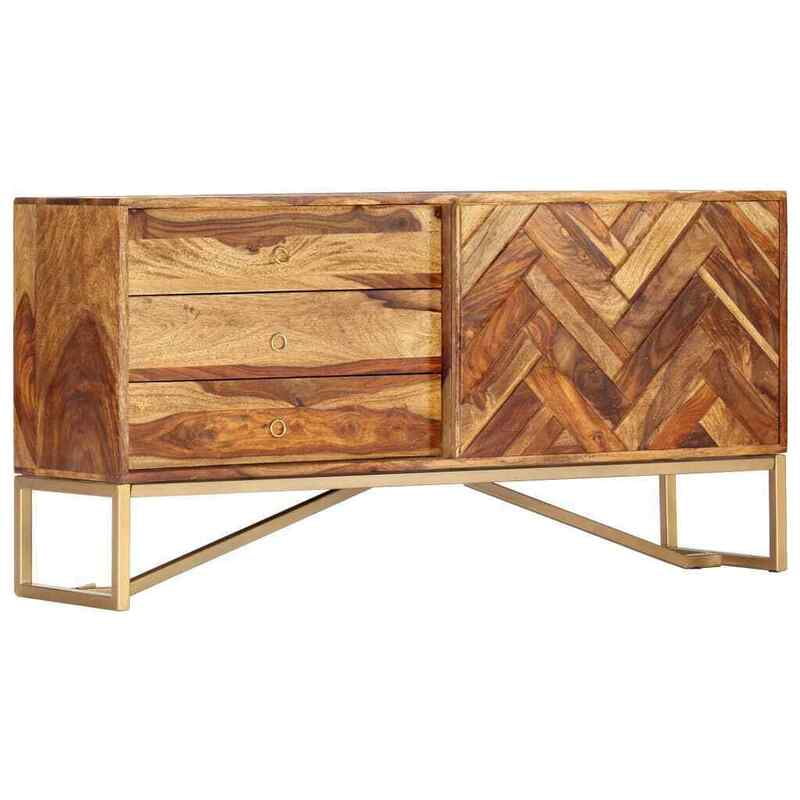 Mid-Century Modern Sheesham Wood Sideboard with Herringbone & Gold Base Mid-Century Modern Sheesham Wood Sideboard with Herringbone & Gold Base