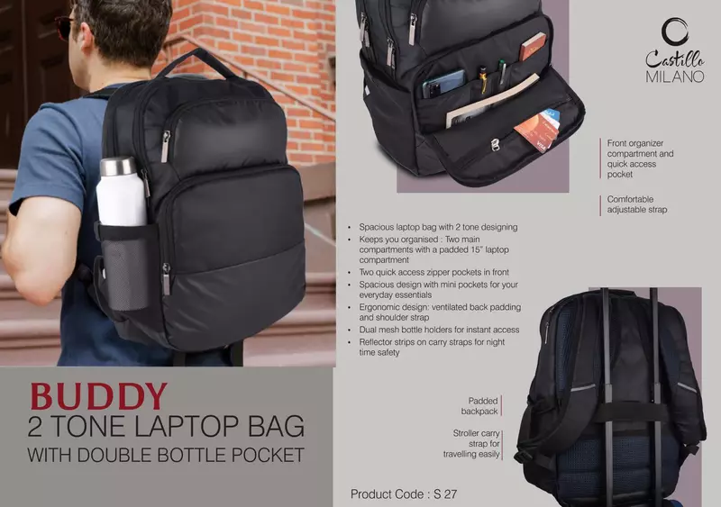 Buddy: 2 tone Laptop bag with double bottle pocket