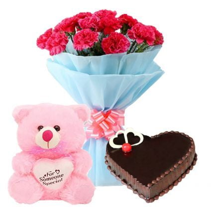 Bunch of 15 Red carnation 1/2 kg chocolate cake and (12 inch lteddy bear) Bunch of 15 Red carnation 1/2 kg chocolate cake and (12 inch lteddy bear)