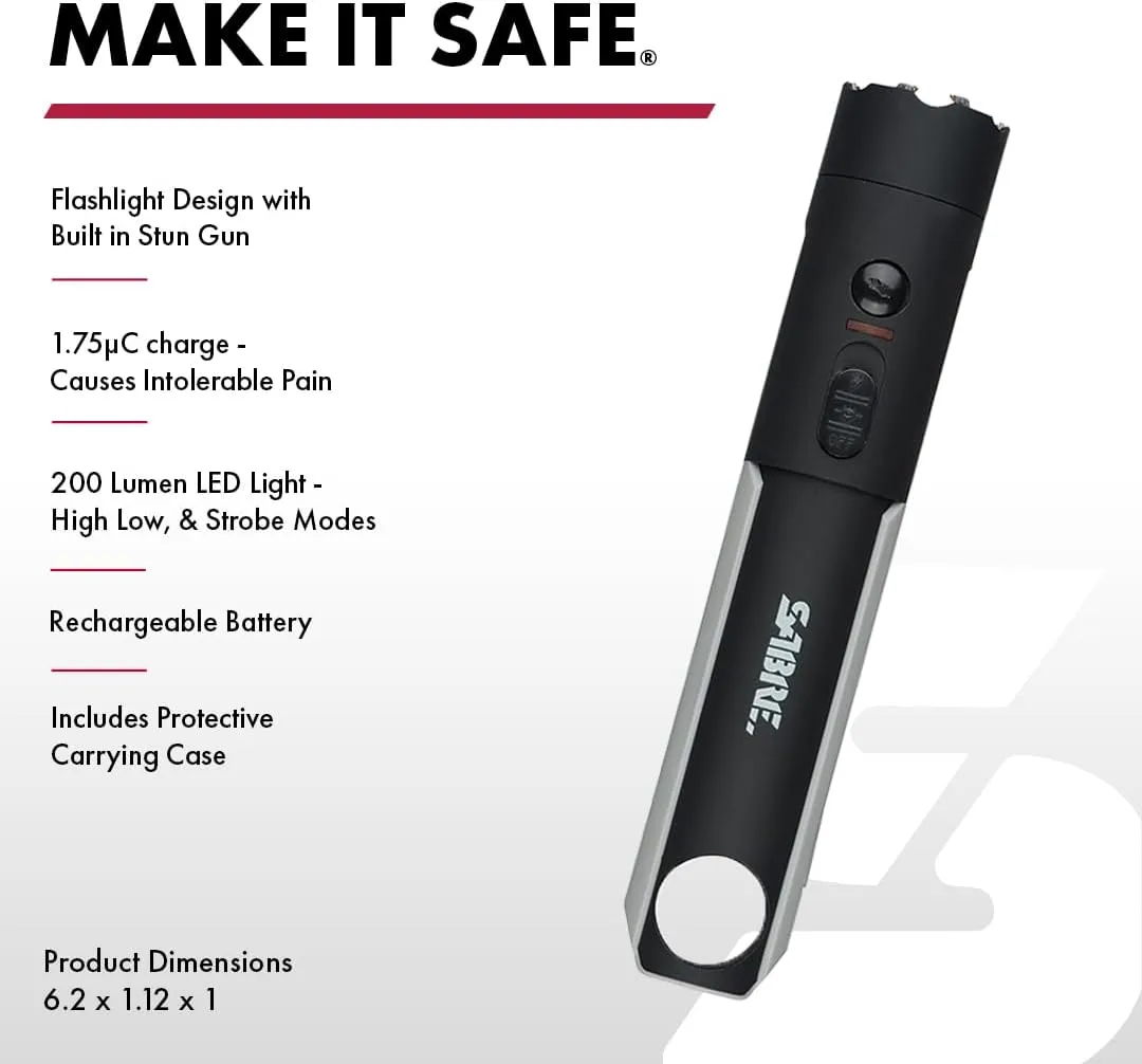 SABRE 2-in-1 Flashlight Design with Built-in Stun Gun, Powerful 1.76 µC Charge, 200 Lumen LED with 3 Modes; High