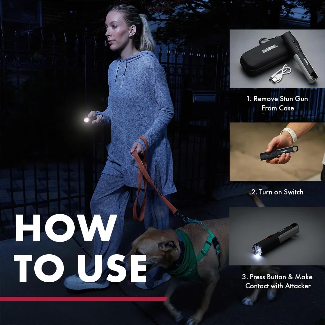 SABRE 2-in-1 Flashlight Design with Built-in Stun Gun, Powerful 1.76 µC Charge, 200 Lumen LED with 3 Modes; High