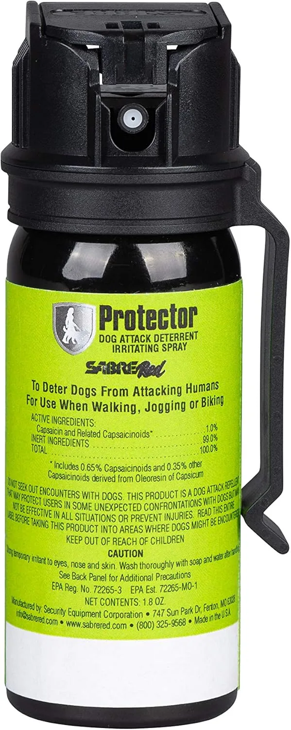SABRE RED SABRE Protector Dog Pepper Spray & Belt Clip, Fast Flip Top Safety, 7 Bursts, 15-Foot (4.6-Meter) Range