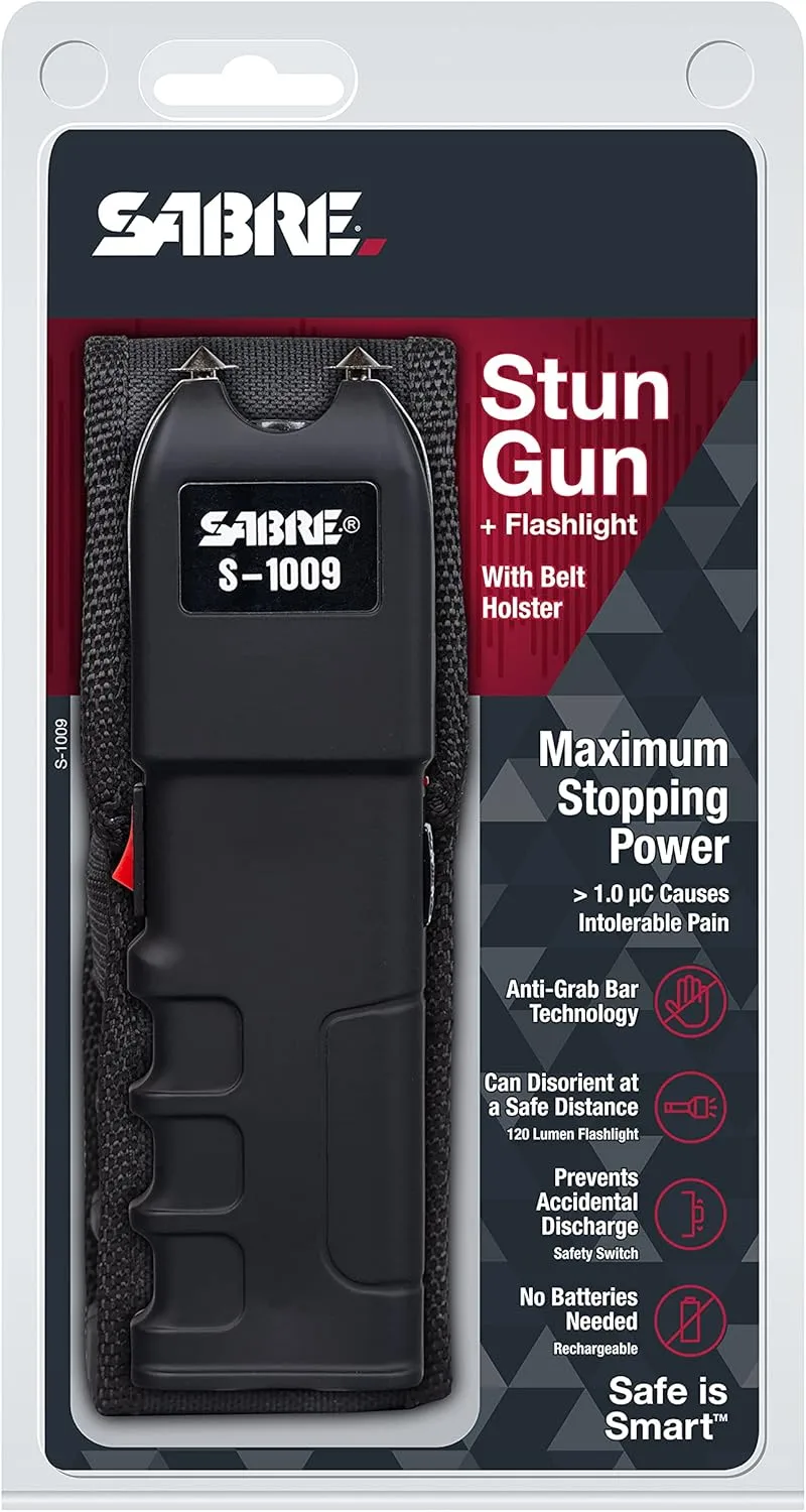 SABRE 2-in-1 Stun Gun with Flashlight and Anti-Grab Bar Technology, Painful 1.250 µC Charge, 120 Lumens