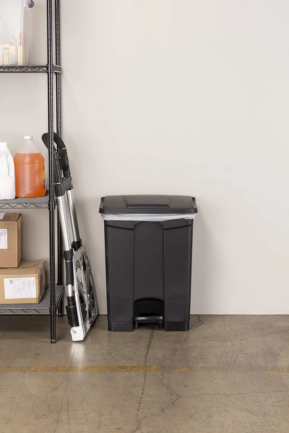 SAFCO Step On Plastic Trash Can with Foot Pedal, Hands Free Indoor All-Purpose Waste Bin