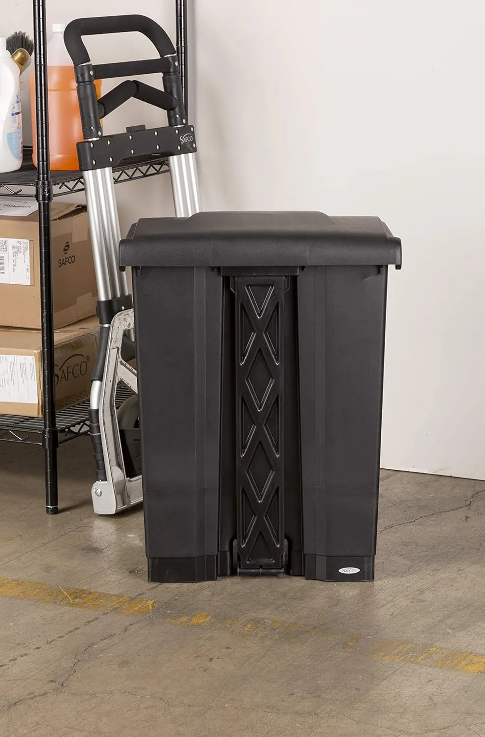 SAFCO Step On Plastic Trash Can with Foot Pedal, Hands Free Indoor All-Purpose Waste Bin