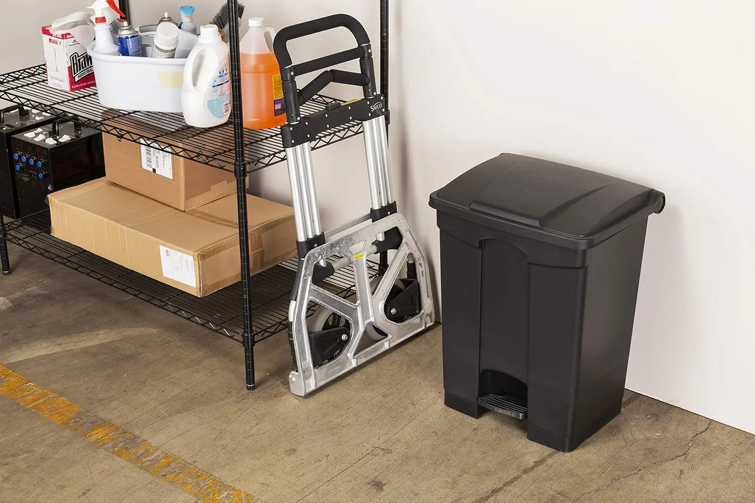 SAFCO Step On Plastic Trash Can with Foot Pedal, Hands Free Indoor All-Purpose Waste Bin