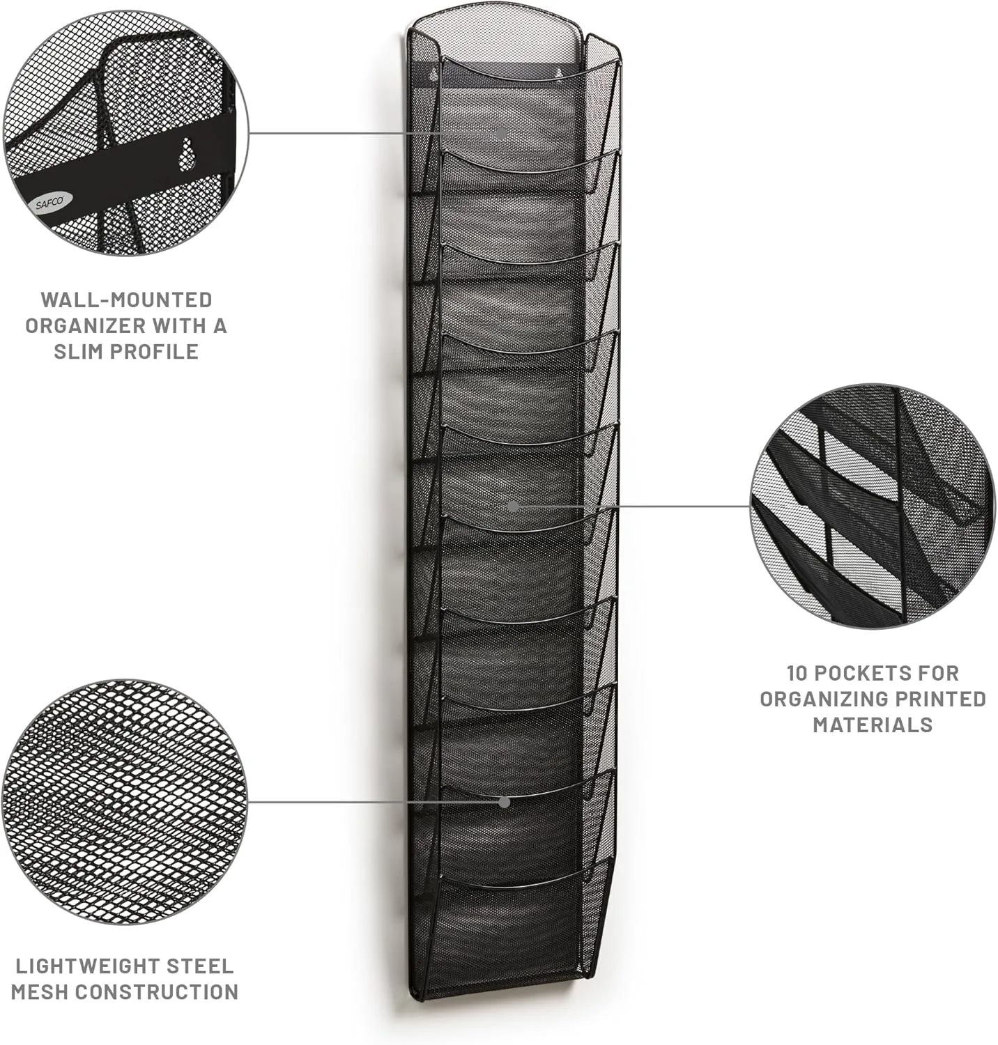 Safco Onyx Mesh Magazine Holder, Display Rack with 10 Pockets, Brochure Organizer, Commercial-Grade Steel Construction, Black