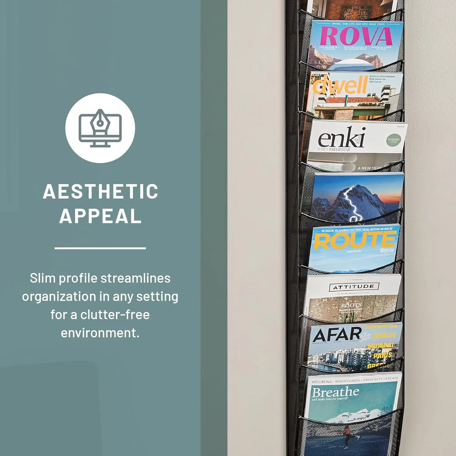 Safco Onyx Mesh Magazine Holder, Display Rack with 10 Pockets, Brochure Organizer, Commercial-Grade Steel Construction, Black