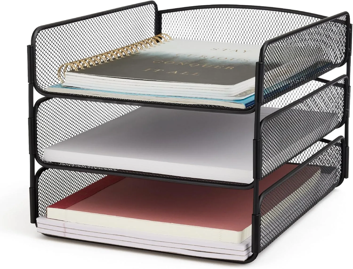 Safco Onyx Desk Organizer, 3 Trays, Steel Mesh, Black
