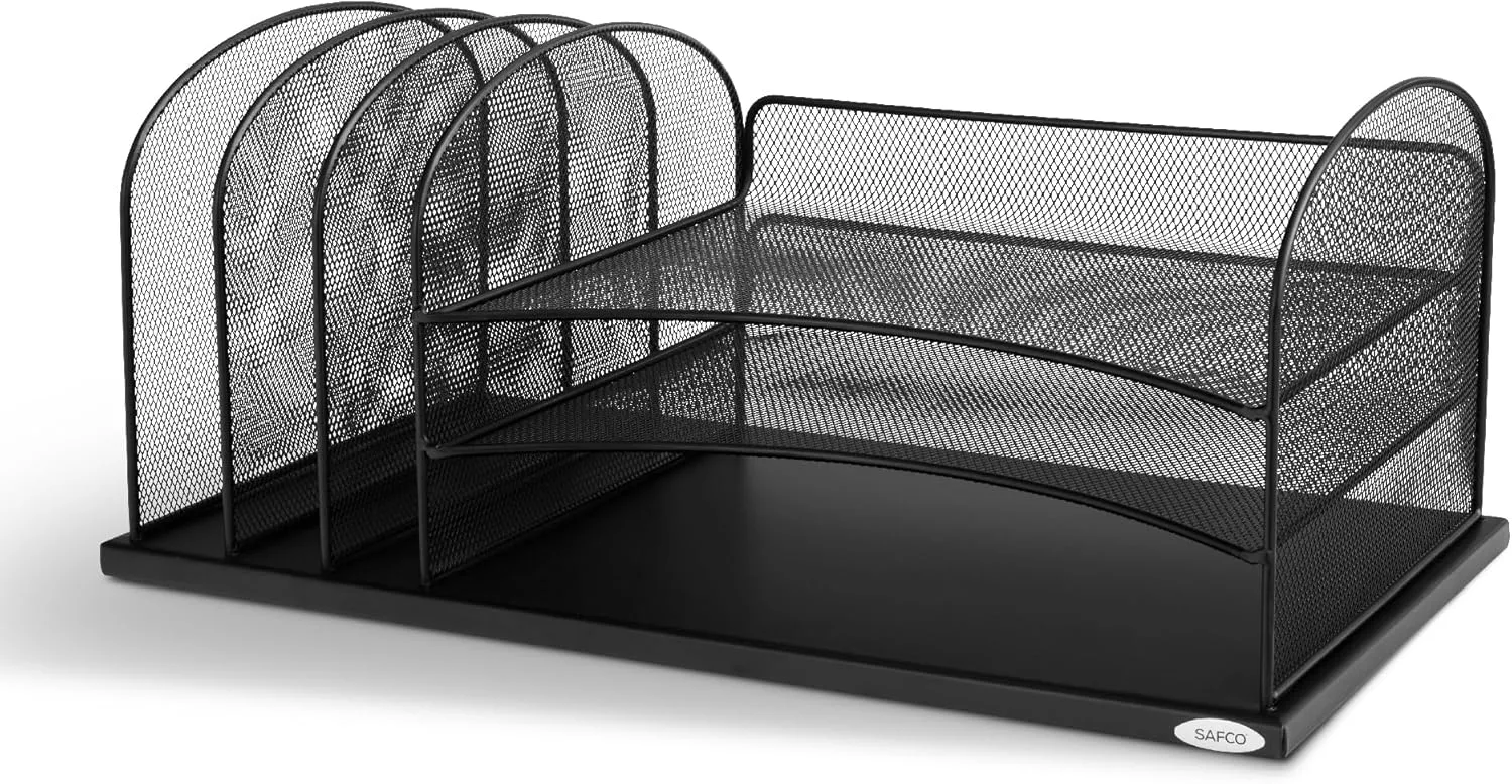 Safco Onyx Desk Organizer, 3 Vertical Compartments & 3 Trays, Steel Mesh, Black