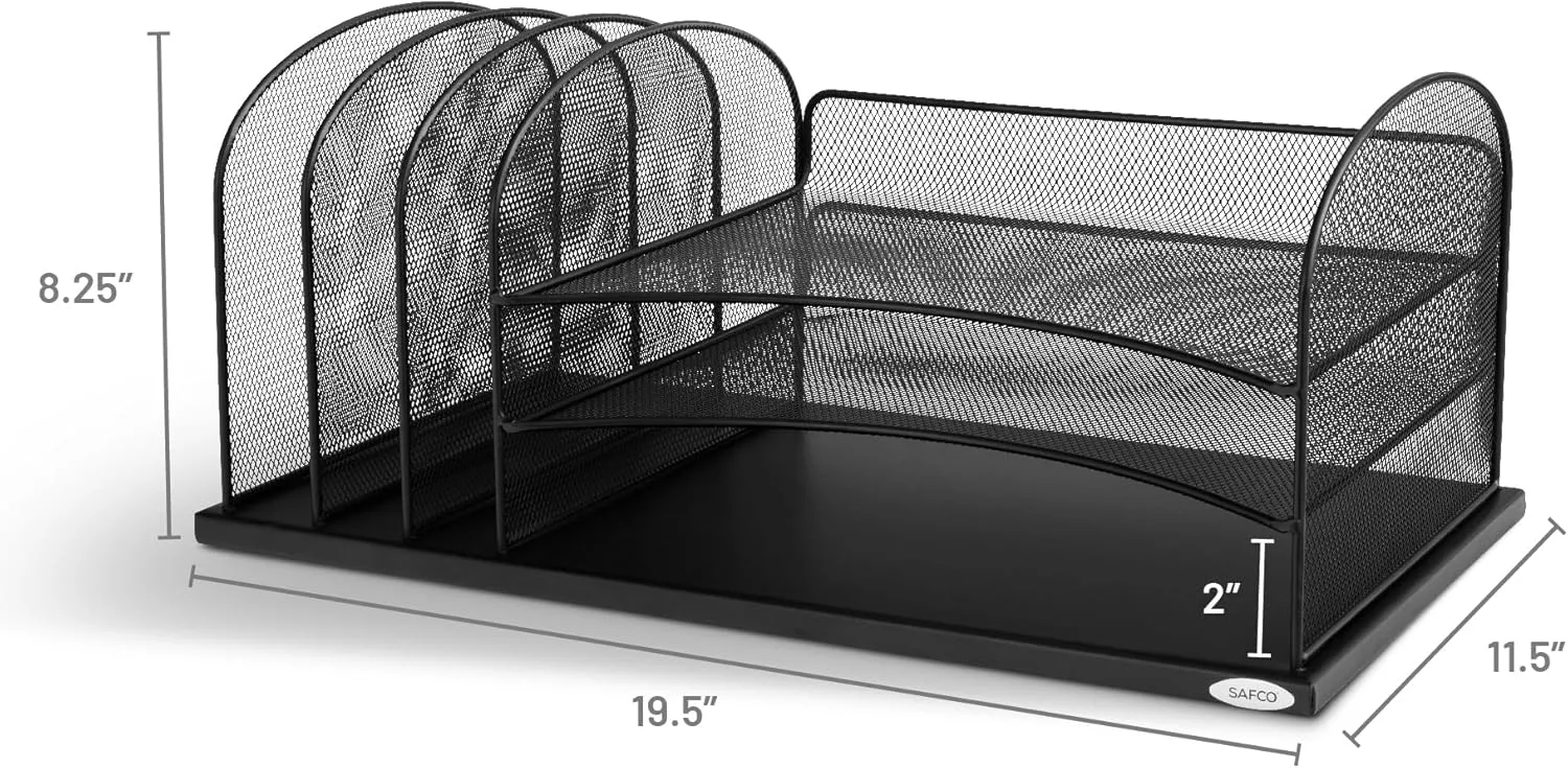 Safco Onyx Desk Organizer, 3 Vertical Compartments & 3 Trays, Steel Mesh, Black
