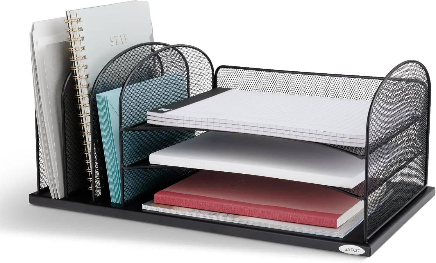 Safco Onyx Desk Organizer, 3 Vertical Compartments & 3 Trays, Steel Mesh, Black