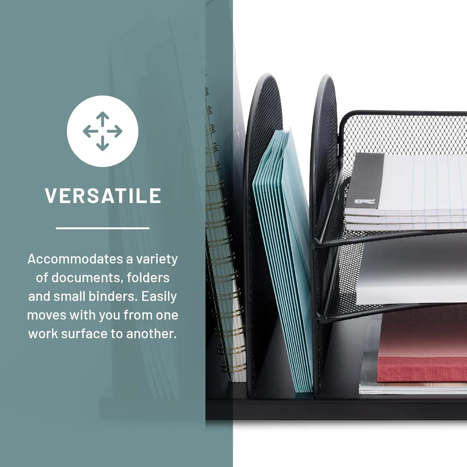 Safco Onyx Desk Organizer, 3 Vertical Compartments & 3 Trays, Steel Mesh, Black