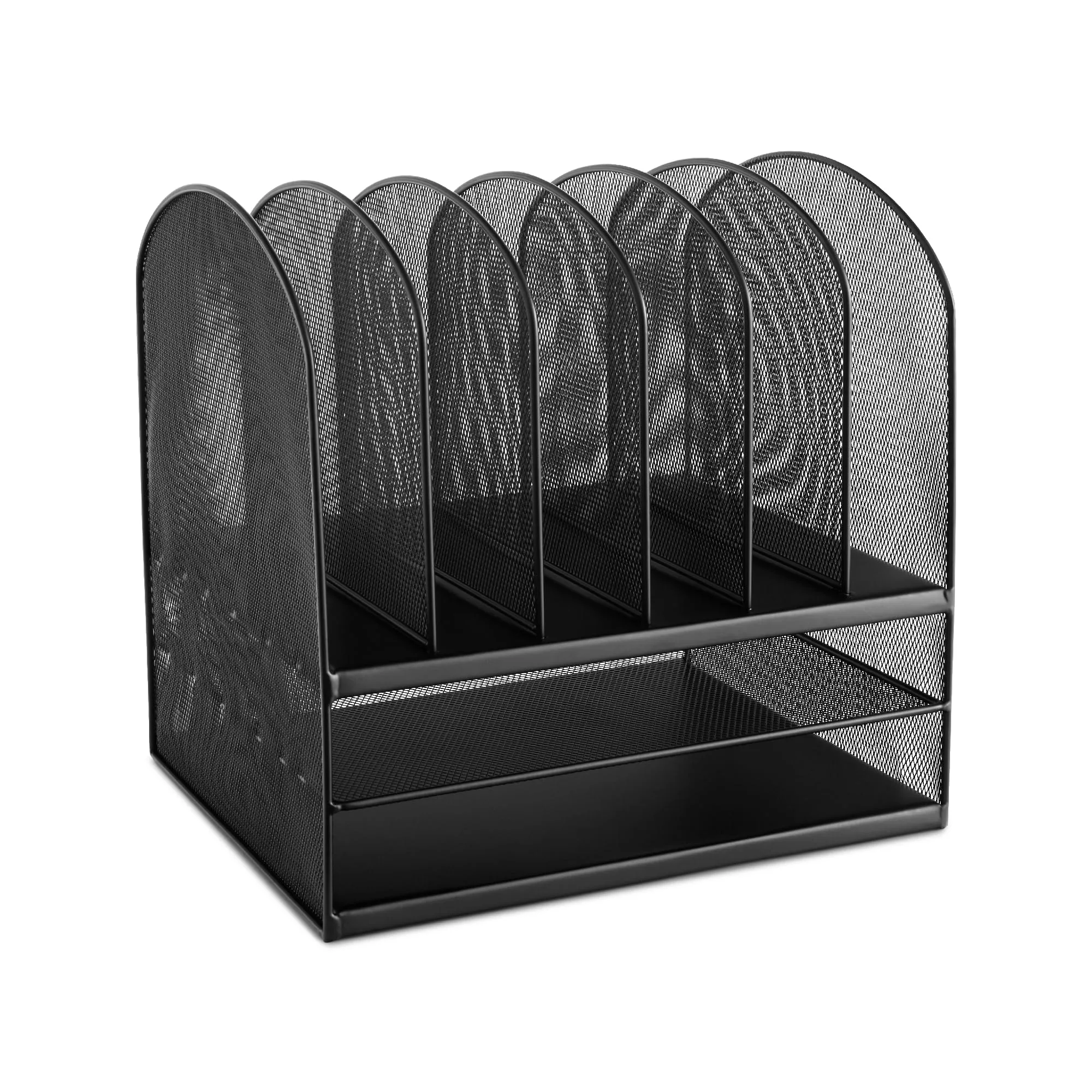 Safco Onyx Desk Organizer, 6 Vertical Compartments & 2 Trays, Steel Mesh, Black