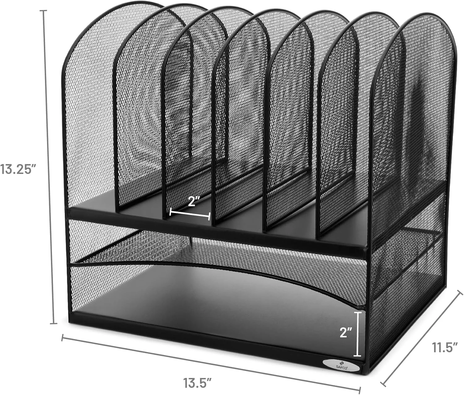 Safco Onyx Desk Organizer, 6 Vertical Compartments & 2 Trays, Steel Mesh, Black