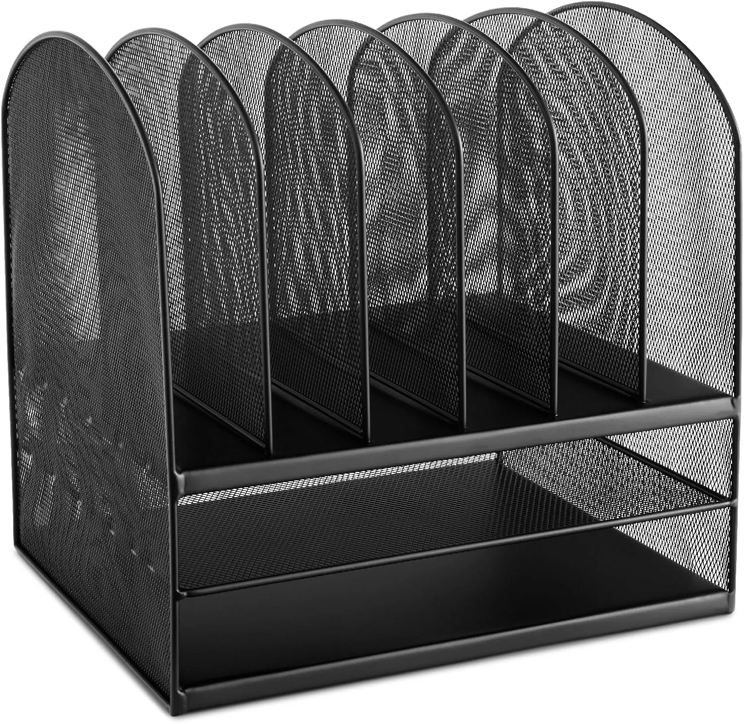 Safco Onyx Desk Organizer, 6 Vertical Compartments & 2 Trays, Steel Mesh, Black