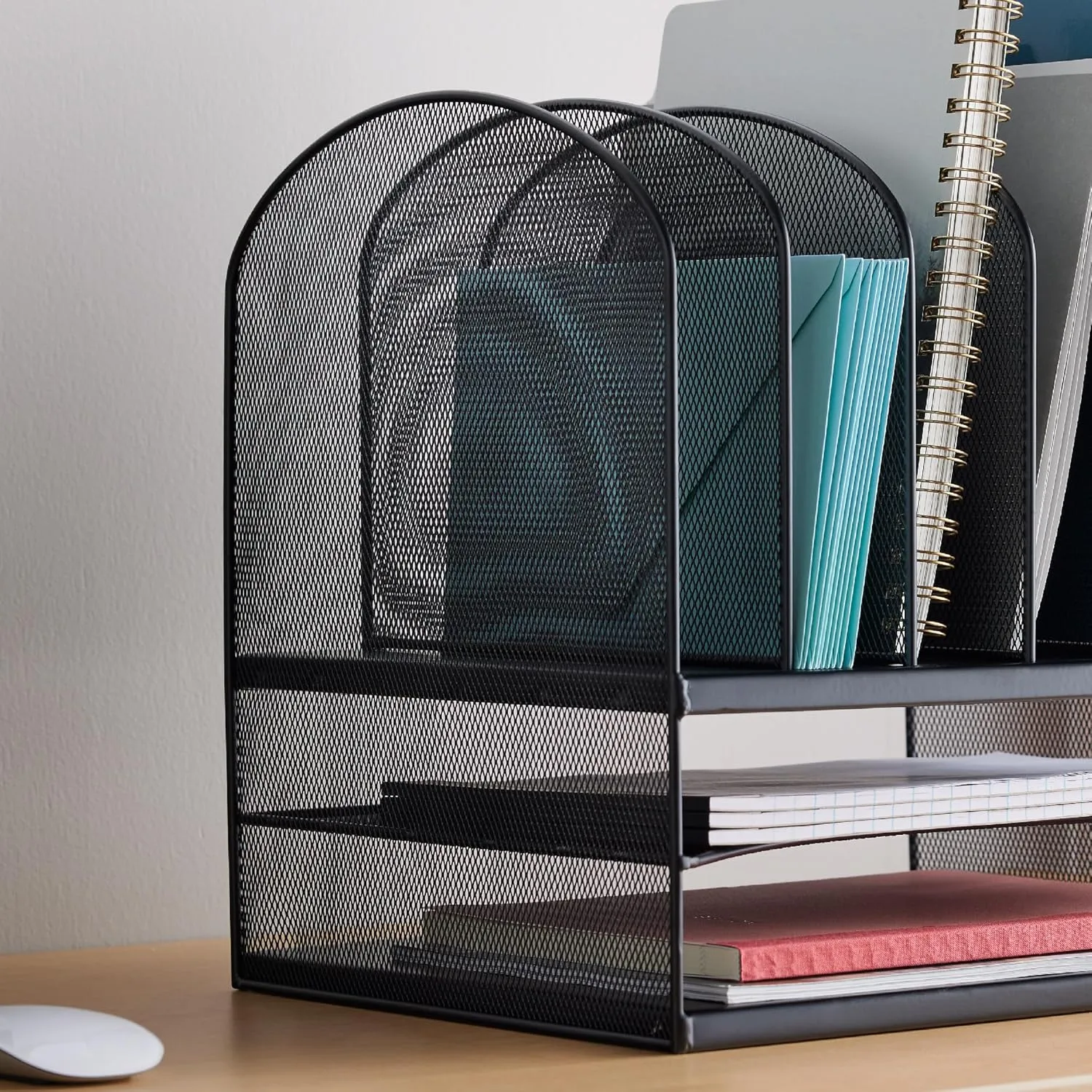 Safco Onyx Desk Organizer, 6 Vertical Compartments & 2 Trays, Steel Mesh, Black