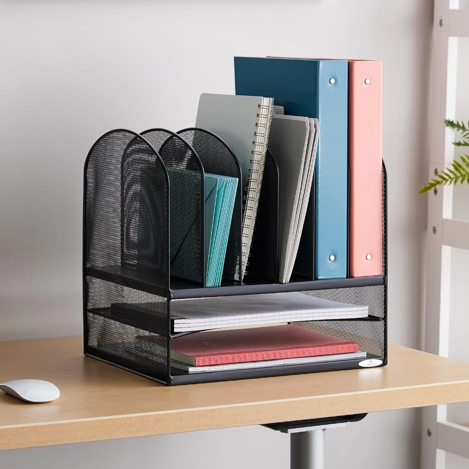 Safco Onyx Desk Organizer, 6 Vertical Compartments & 2 Trays, Steel Mesh, Black