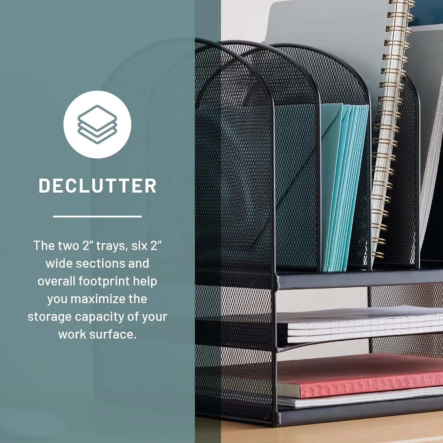Safco Onyx Desk Organizer, 6 Vertical Compartments & 2 Trays, Steel Mesh, Black