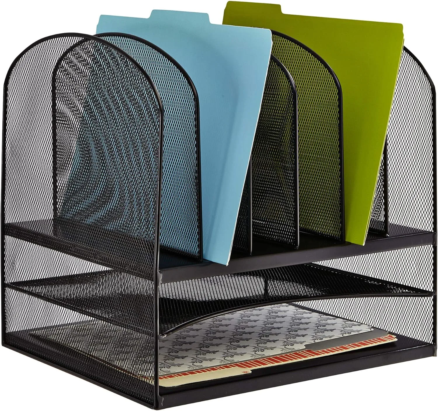 Safco Onyx Desk Organizer, 6 Vertical Compartments & 2 Trays, Steel Mesh, Black