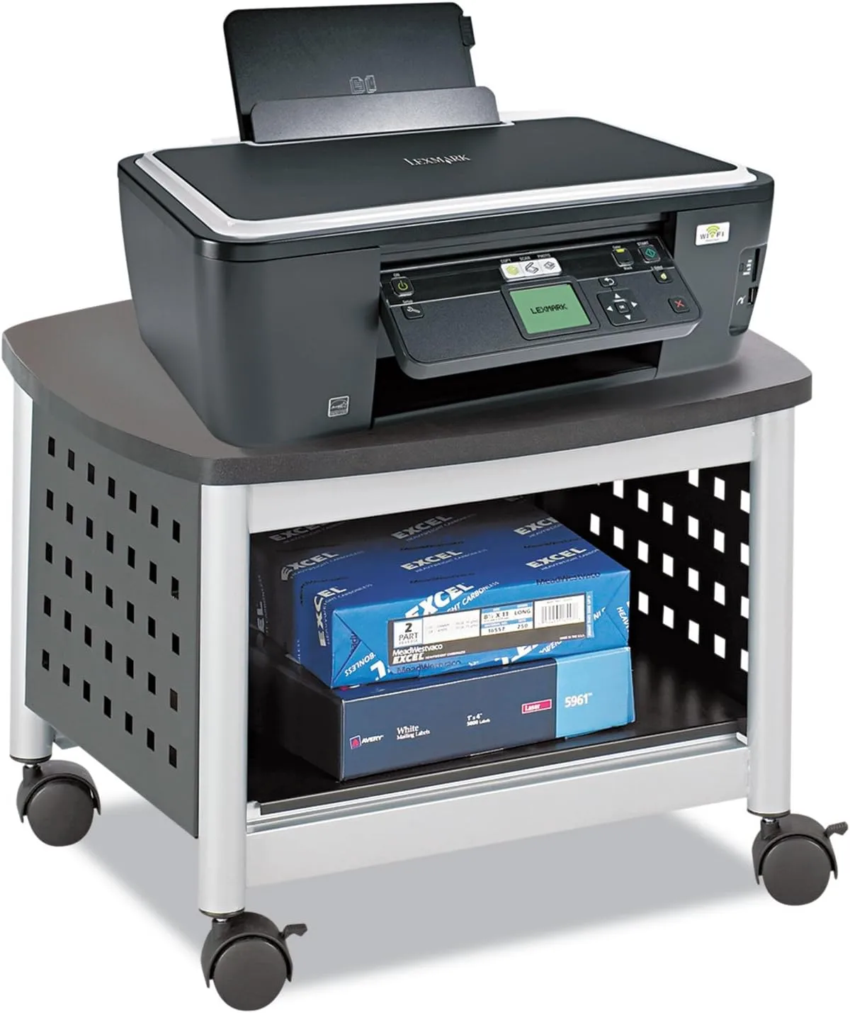 Safco Scoot Under-Desk Printer Stand, 14-1/2inH x 20-1/4inW x 16-1/2inD, Black/Silver