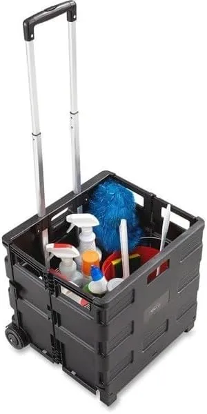 Safco Stow Away Folding Caddy, Telescopic Handle, 50 lb Capacity, 2 Casters, 16.5inW x 14.5inD x 39inH, Black, Silver