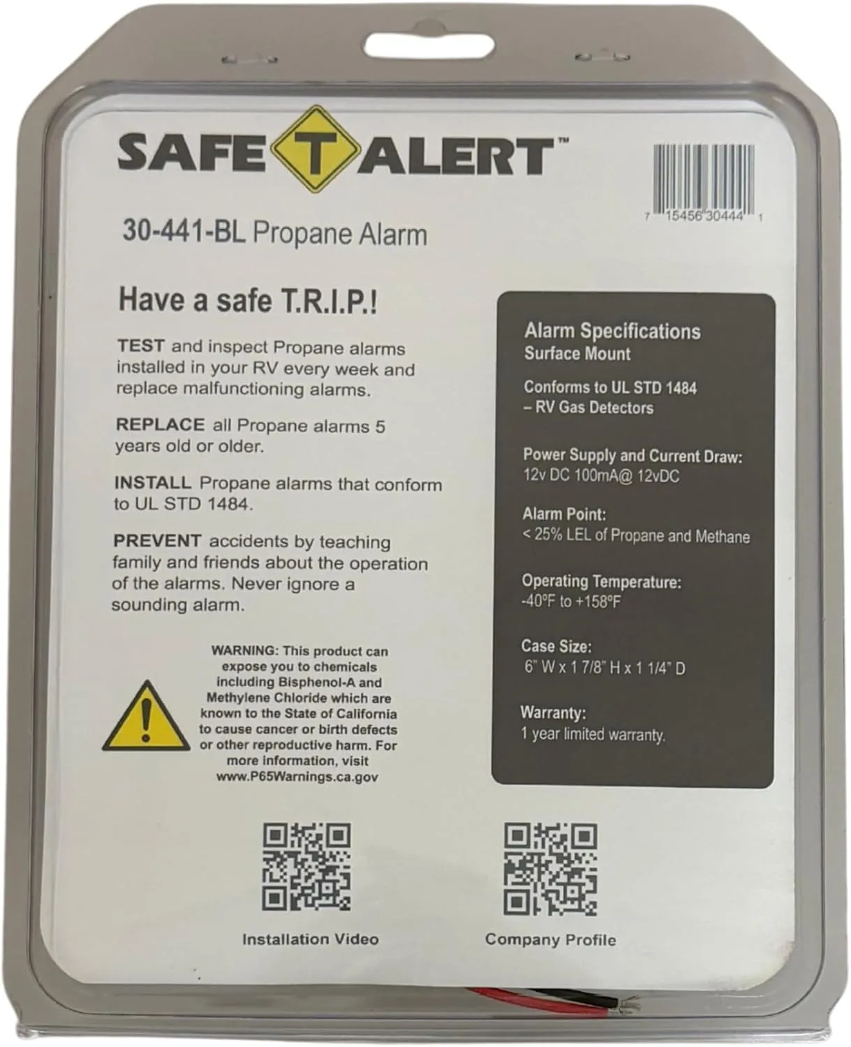 Safe T Alert 30 Series Classic LP Gas Alarm - Propane Alarm - Surface Mount, Black - 30-441-P-BL
