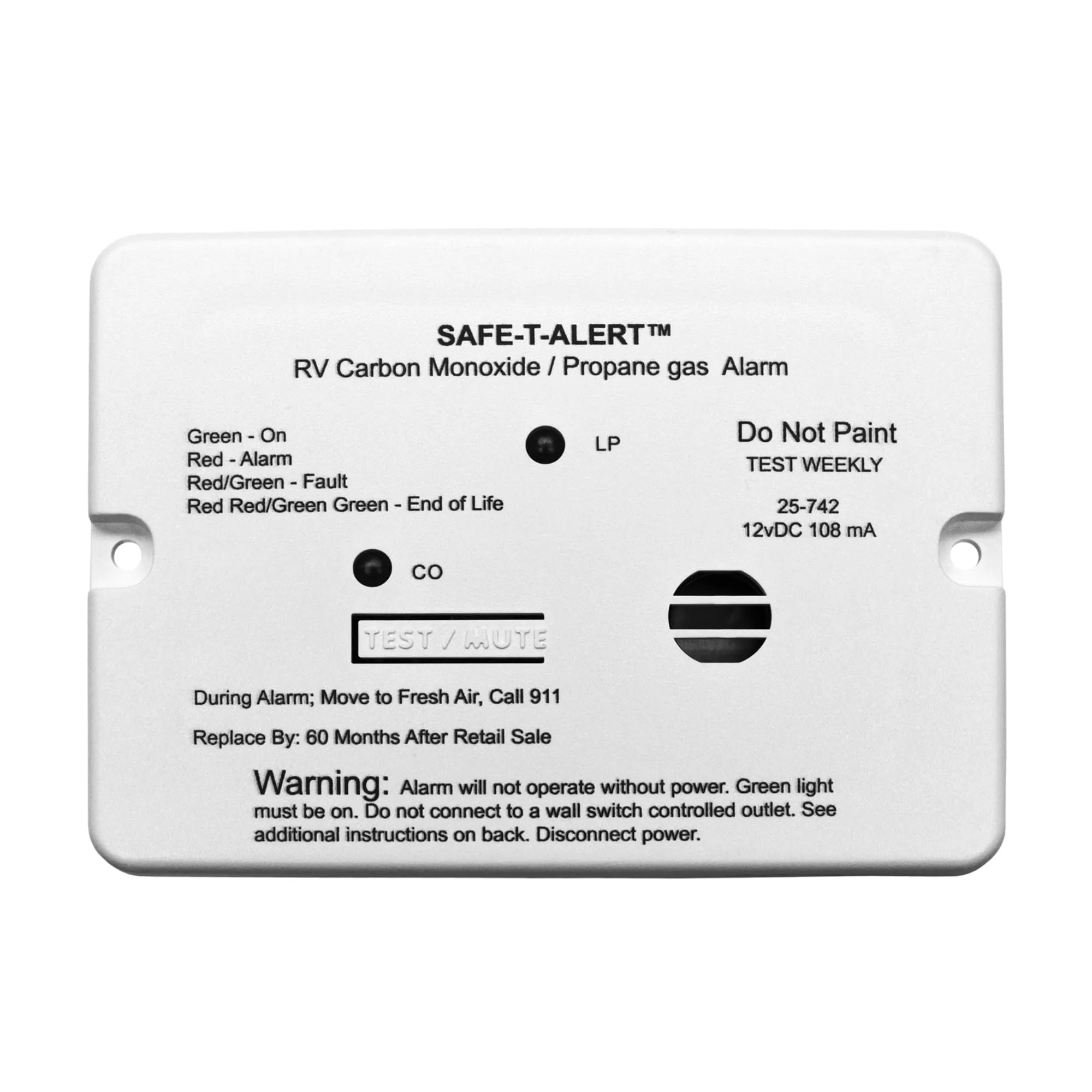Safe T Alert - Mini Dual LP/CO Alarm - Flush Mount White - 25-742-WT