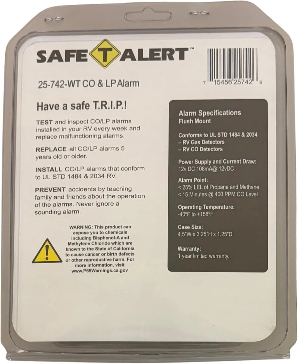 Safe T Alert - Mini Dual LP/CO Alarm - Flush Mount White - 25-742-WT