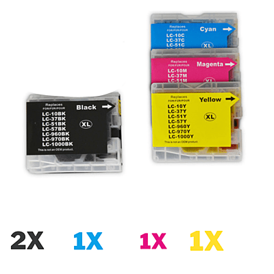5 Pack Compatible Brother LC-37 Ink Cartridge Set (2BK1C1M1Y)