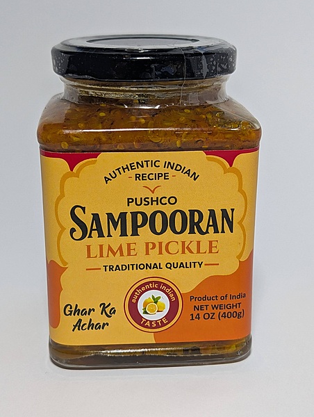 14oz jar of Sampooran Lime Pickle, authentic tangy and spicy Indian Nimbu ka Achar.