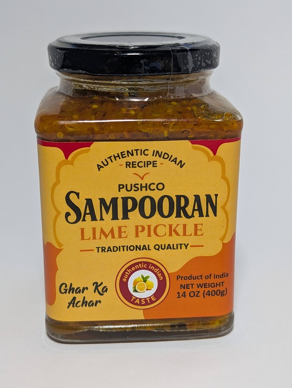 14oz jar of Sampooran Lime Pickle, authentic tangy and spicy Indian Nimbu ka Achar.