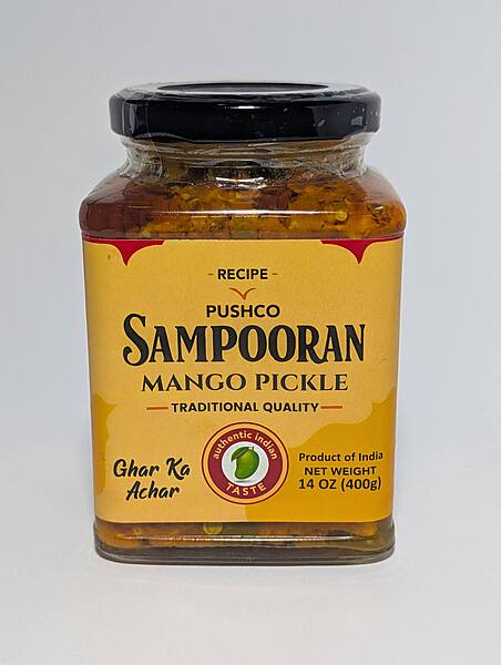 14oz jar of Sampooran Mango Pickle, authentic Indian Aam ka Achar.